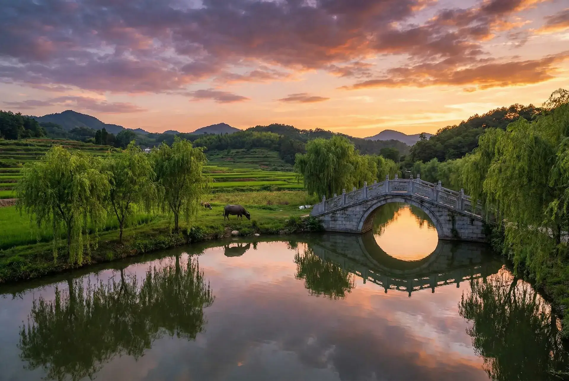 夕阳下的石拱桥与垂柳，水牛在河边吃草 - 唐人社区视频 乡村美景